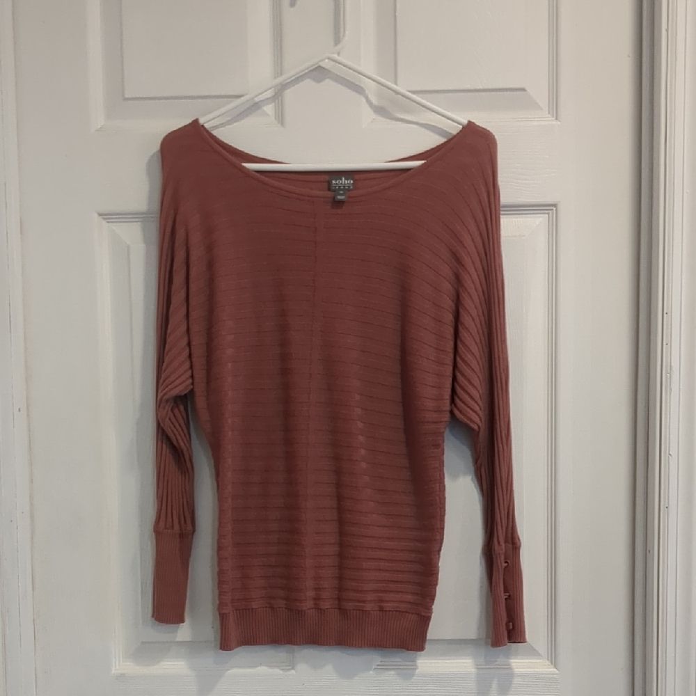 Soho Jeans Off-the-Shoulder Lightweight Ribbed Knit Sweater Dusty Rose, XS